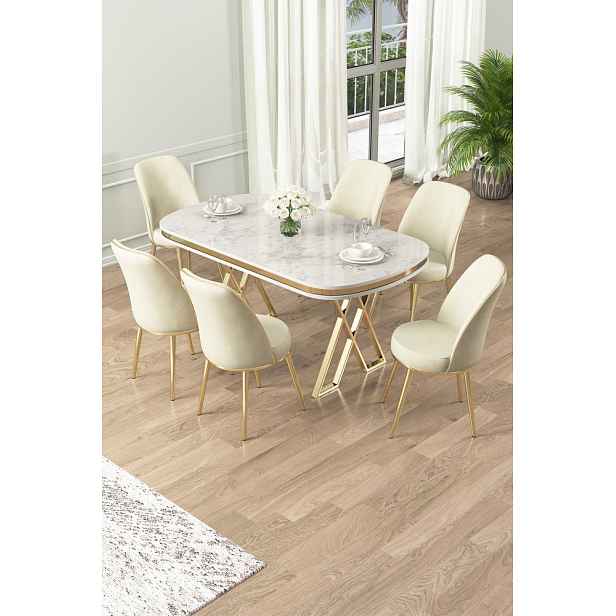 Dining Table & Chairs Set (7 Pieces) Lai - White, Gold, Cream