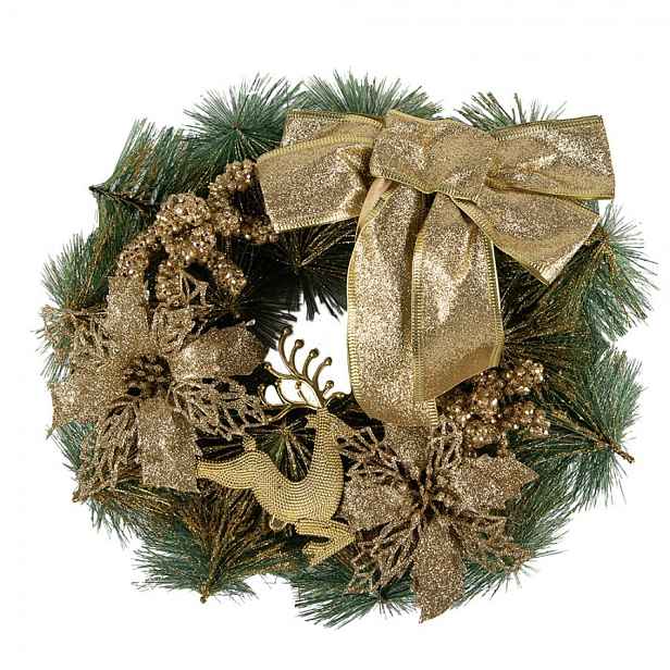 Zeleno-zlatý vánoční věnec s mašlí a jelenem Christmas Deer - Ø 30*7 cm Clayre & Eef