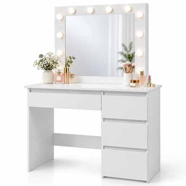 Relaxdays TOALETKA Bílá hollywoodské zrcadlo osvětlení 12 LED 4 zásuvky