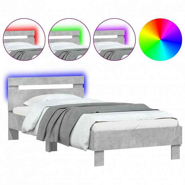 vidaXL Rám postele s čelem a LED osvětlením betonově šedý 90 x 190 cm