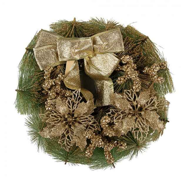 Zeleno-zlatý vánoční věnec s mašlí Christmas Wreath - Ø 30*7 cm Clayre & Eef