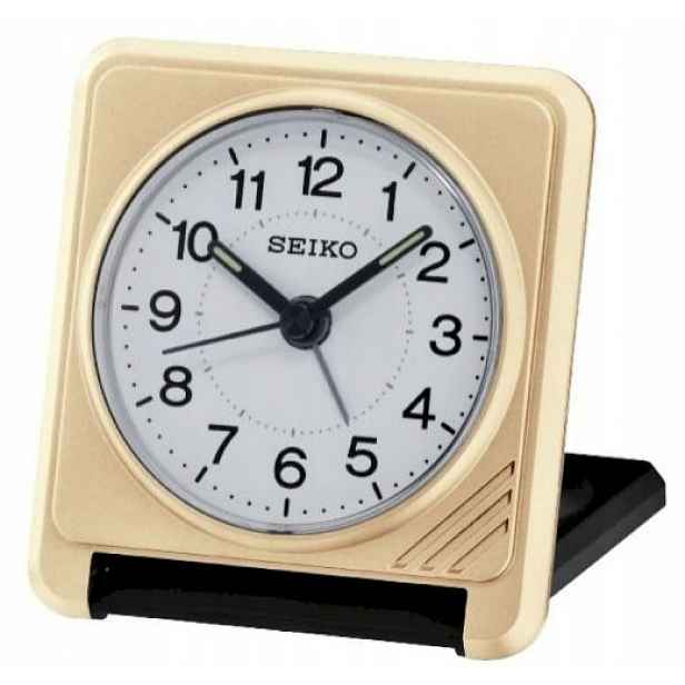 Malý Čtvercový Skládací Zlatý Cestovní Budík Seiko QHT015G Alarm 7 cm