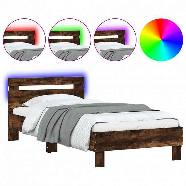 vidaXL Rám postele s čelem a LED osvětlením kouřový dub 90 x 190 cm