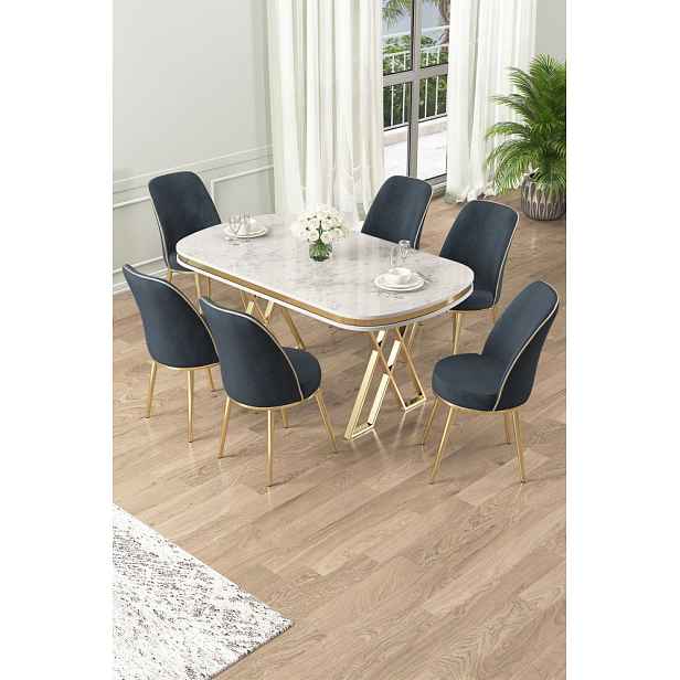 Dining Table & Chairs Set (7 Pieces) Lai - White, Gold, Anthracite