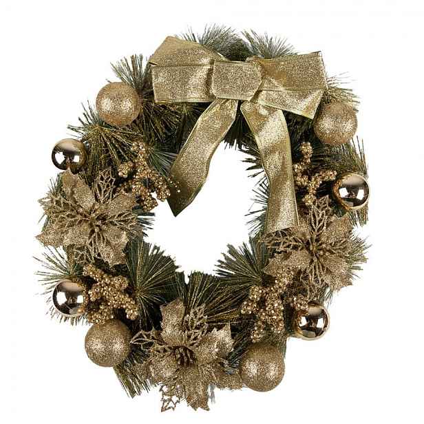 Zeleno-zlatý vánoční věnec s mašlí a koulemi Christmas Wreath - Ø 40*10 cm Clayre & Eef