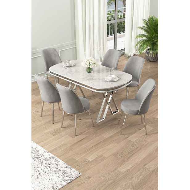 Dining Table & Chairs Set (7 Pieces) Lai - White, Chrome, Grey