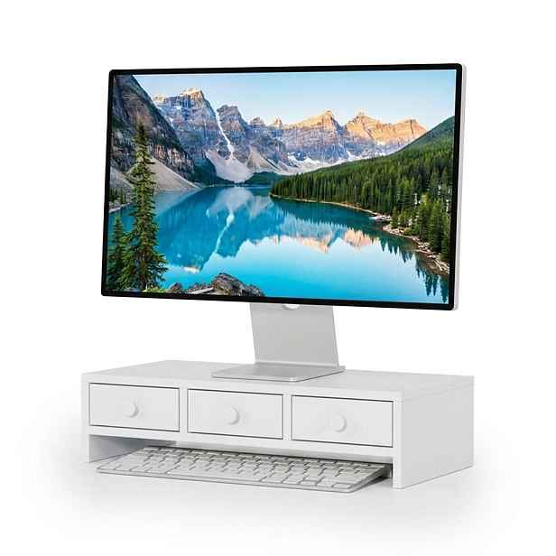 Relaxdays PODSTAVEC bílý na monitor MDF 3 zásuvky