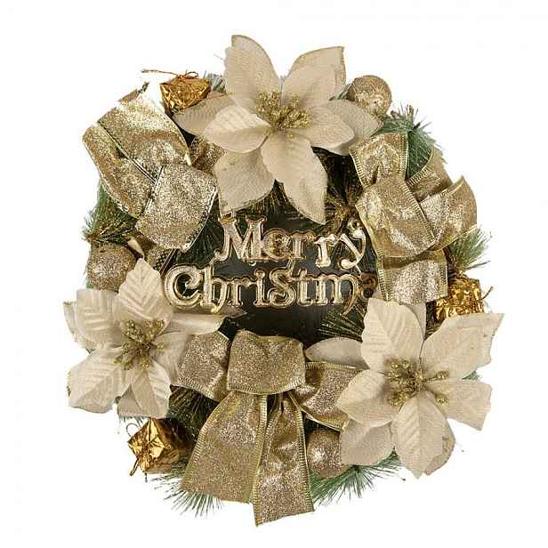 Zeleno-zlatý vánoční věnec s mašlemi Merry Christmas - Ø 30*8 cm Clayre & Eef