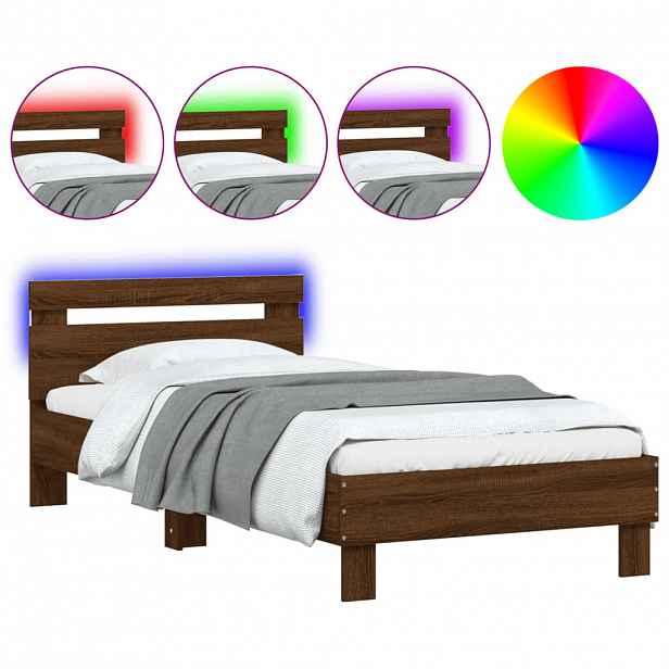 vidaXL Rám postele s čelem a LED osvětlením hnědý dub 90 x 190 cm