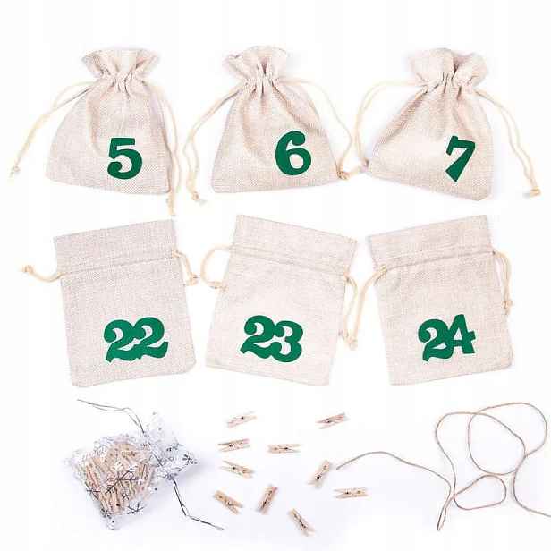 Adventní kalendář sada 24 prázdných sáčků s čísly, girlanda, dekorace