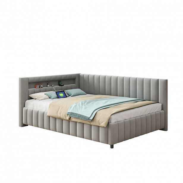 CHICFURN ROZKLÁDACÍ POHOVKA 140/200 cm v šedé barvě se sametovým čalouněním, LED a USB