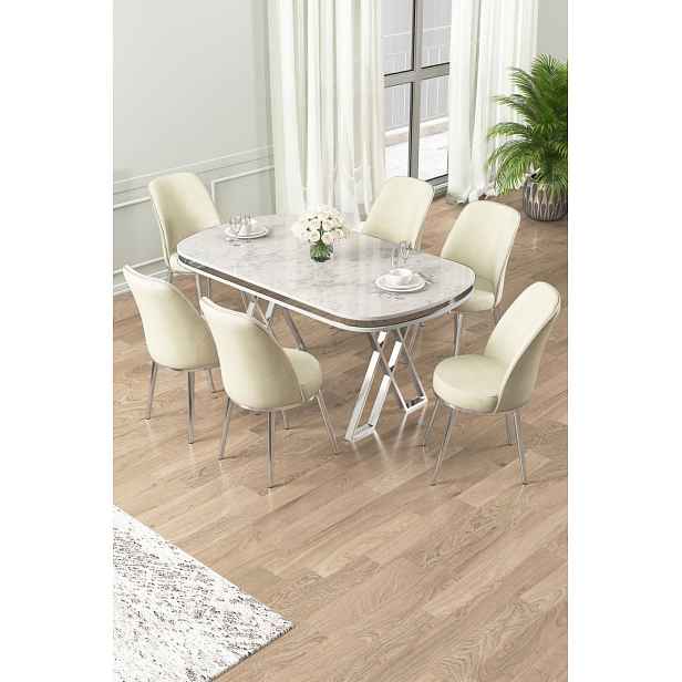 Dining Table & Chairs Set (7 Pieces) Lai - White, Chrome, Cream