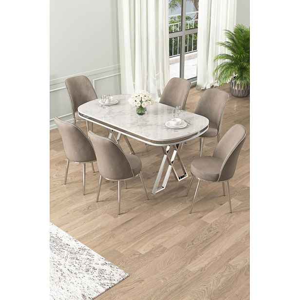 Dining Table & Chairs Set (7 Pieces) Lai - White, Chrome, Cappuccino
