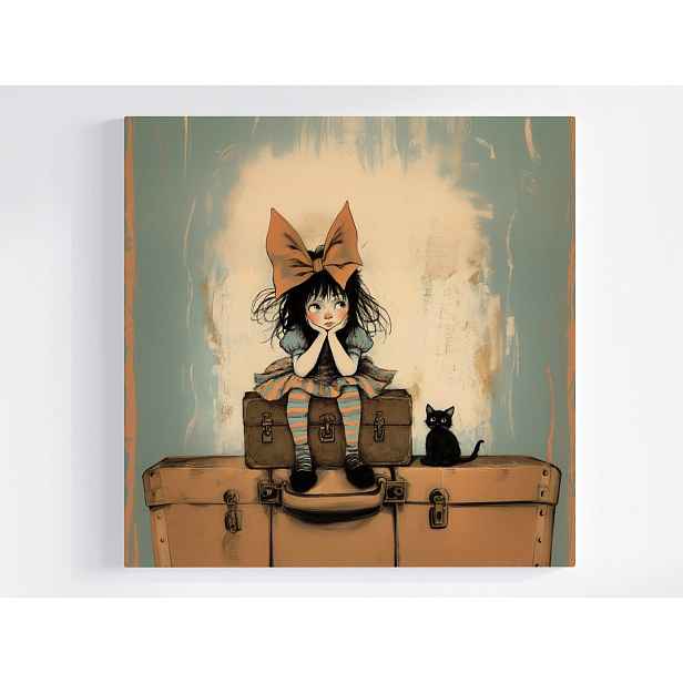 Obraz Na Plátně Canvas Dívka Černá Kočka Kufry Retro Foch 50x50