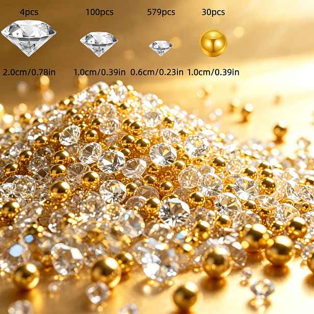 TEMU 713 ks, Zlaté imitace perel a akrylové diamanty, Vánoční dekorace, Výplň do váz, Domácí dekorace, Dekorace na svatbu, Řemesla, Falešné perlové