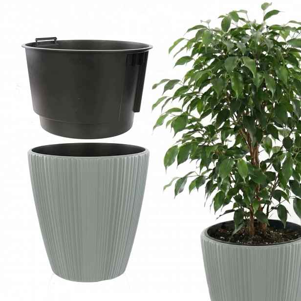 Květináč kulatý Ø 47 cm, pruhy, rýhovaná šedá barva černá náplň
