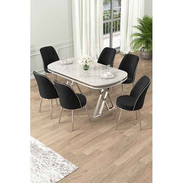 Dining Table & Chairs Set (7 Pieces) Lai - White, Chrome, Black