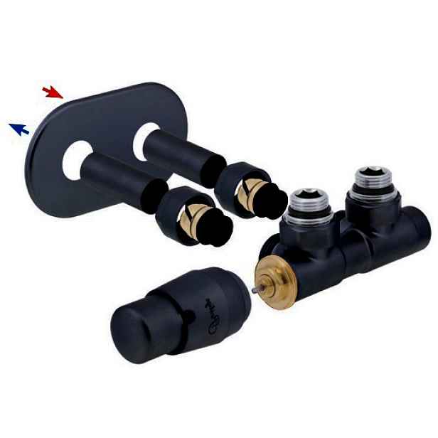 HS Twins - připojovací armatura pro středové připojení 50 mm s termostatickou hlavicí nalevo; pro PEX; ALPEX 16mm; KOMPLETNÍ SADA S KRYCÍMI TRUBIČKAMI A RŮŽICEMI; černá