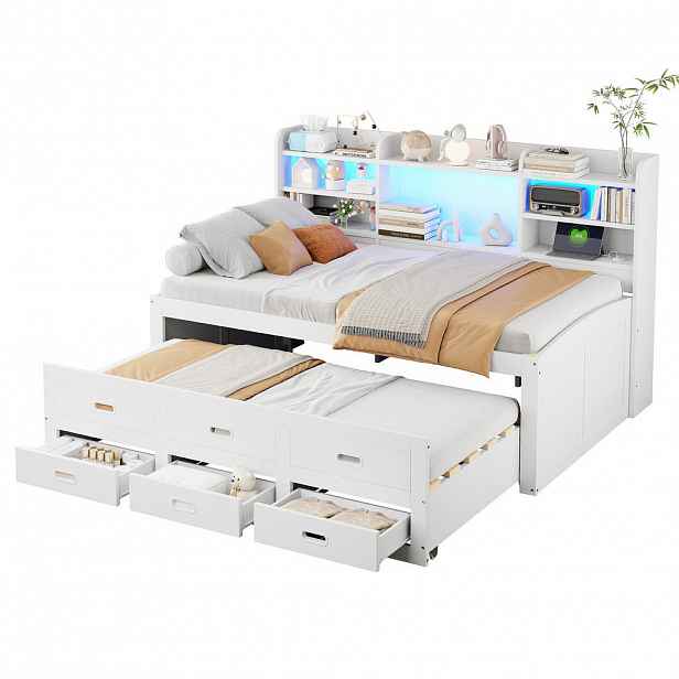 CHICFURN POSTEL S VÝSUVNÝM LŮŽKEM 90/200 cm & 91/191 cm v bílé barvě s LED a 3 zásuvkami
