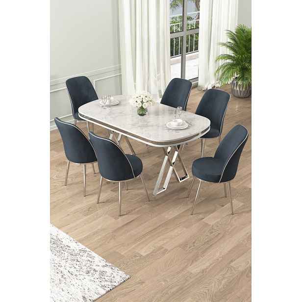 Dining Table & Chairs Set (7 Pieces) Lai - White, Chrome, Anthracite
