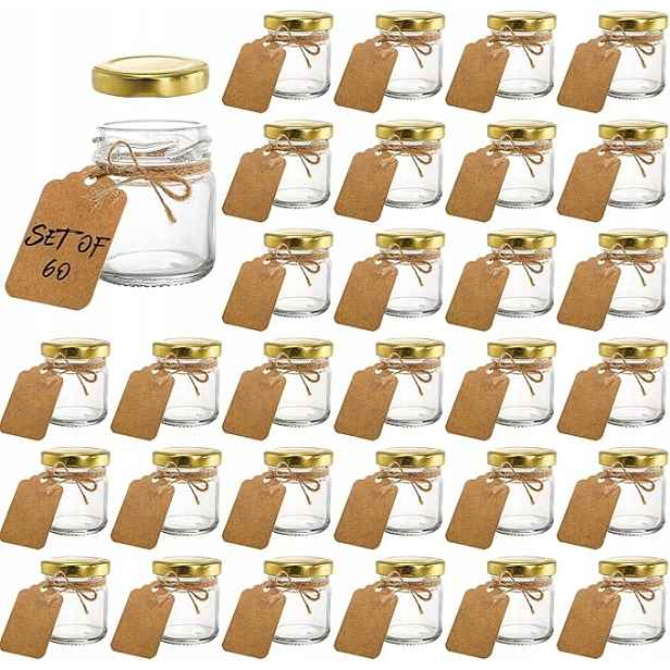 Sada 60 x mini sklenic 45 ml se šroubovacím uzávěrem a štítkem na provázek dárek svatba