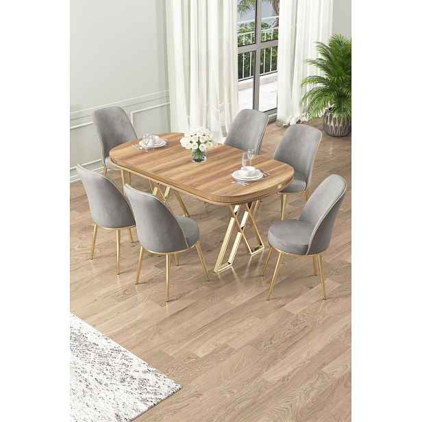 Dining Table & Chairs Set (7 Pieces) Lai - Light Walnut, Gold, Grey