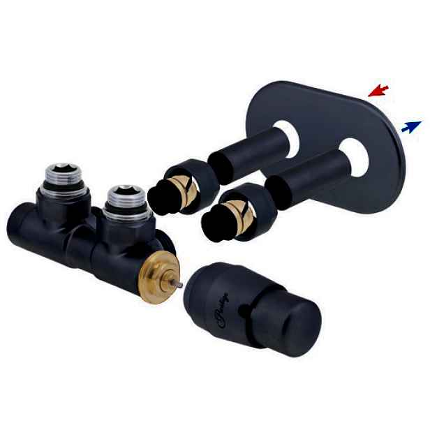 HS Twins - připojovací armatura pro středové připojení 50 mm s termostatickou hlavicí napravo; pro CU 15x1; KOMPLETNÍ SADA S KRYCÍMI TRUBIČKAMI A RŮŽICEMI; černá