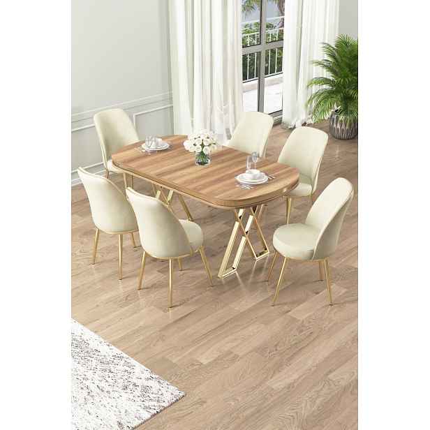 Dining Table & Chairs Set (7 Pieces) Lai - Light Walnut, Gold, Cream