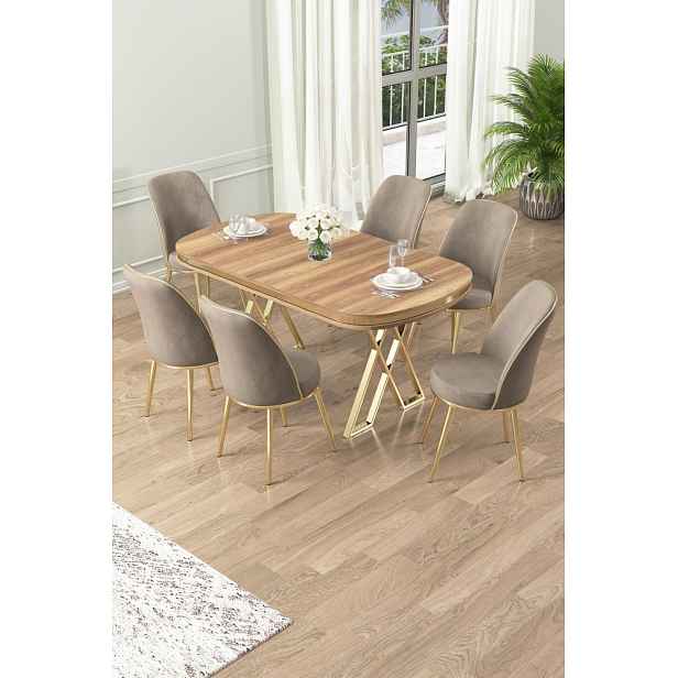 Dining Table & Chairs Set (7 Pieces) Lai - Light Walnut, Gold, Cappuccino