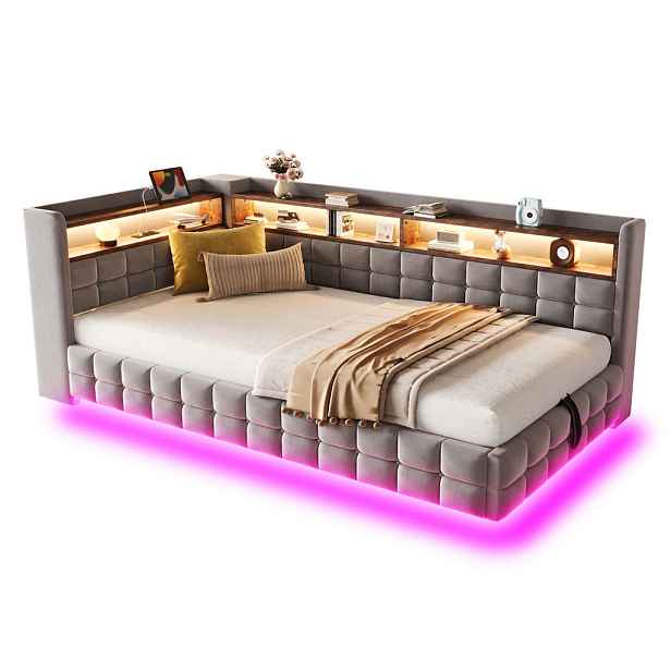 Redom ČALOUNĚNÁ postel 90/200 cm s LED osvětlením, USB-C, zásuvkou, policemi a hydraulickým úložným prostorem, Světle šedá
