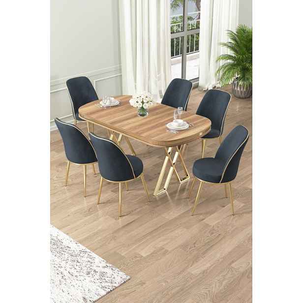 Dining Table & Chairs Set (7 Pieces) Lai - Light Walnut, Gold, Anthracite