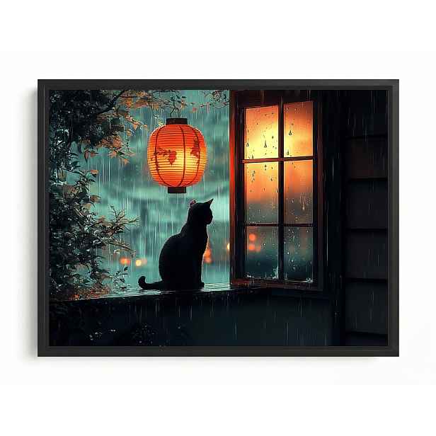 Obraz Rám Americká Krabička Večer Noc Déšť Liják Lampion Černá Kočka 80x60