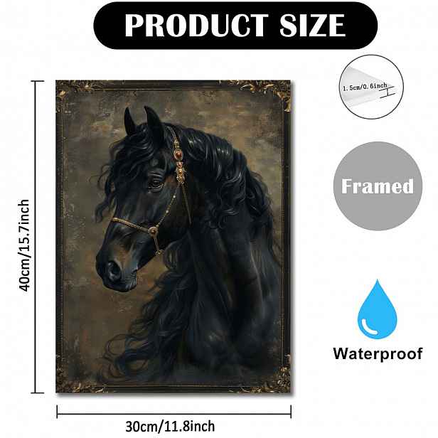 TEMU 1 ks Dřevěný Rámovaný Plátno - Veličející Černý Kůň se Zlatým Ubrusem & Ozdobným Zlatým Rámem, 11.8x15.7 Palců Nástěnné Umění pro Kancelář,