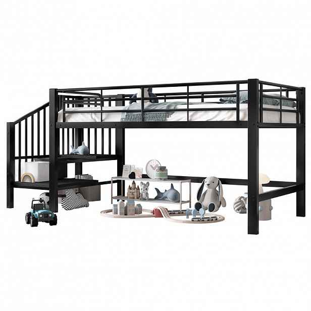 OKWISH PATROVÁ postel 90/200 cm černá, polovysoká, s úložnými schody z MDF a kovu
