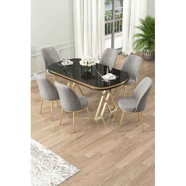 Dining Table & Chairs Set (7 Pieces) Lai - Black Marble, Gold, Grey