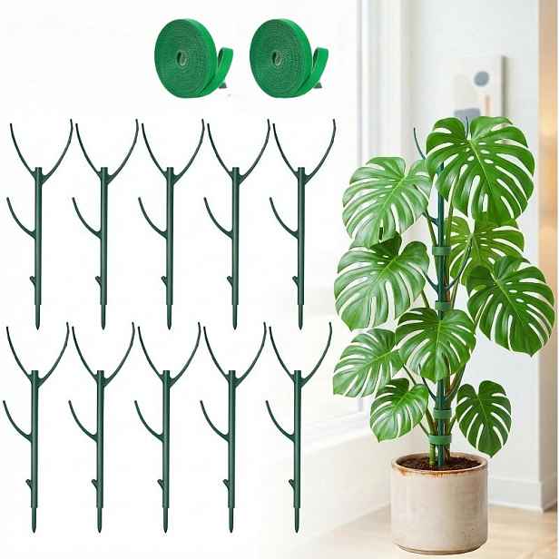 TEMU 12 ks podpěr pro rostliny Monstera, včetně 10 podpěr a 2 rolí suchého zipu. Skládací vysoké podpěry s suchým zipem, určené pro podporu stonků