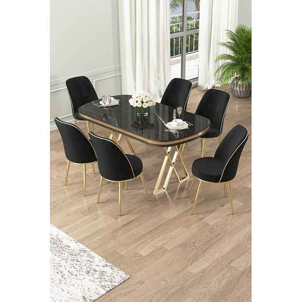 Dining Table & Chairs Set (7 Pieces) Lai - Black Marble, Gold, Black