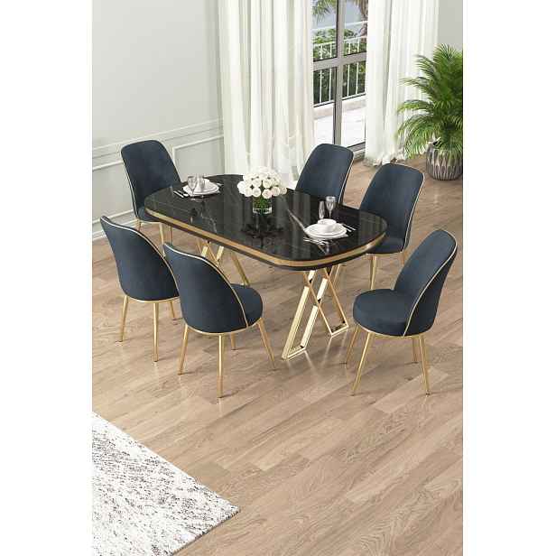 Dining Table & Chairs Set (7 Pieces) Lai - Black Marble, Gold, Anthracite