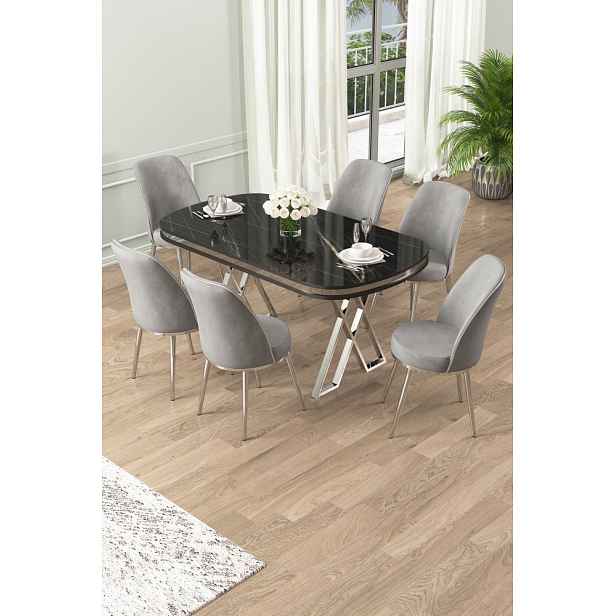 Dining Table & Chairs Set (7 Pieces) Lai - Black Marble, Chrome, Grey