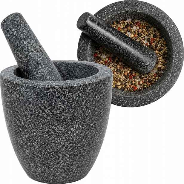 Kuchyňský hmoždíř Granitový Kamenný s paličkou Vysoký Průměr 12 cm Jade