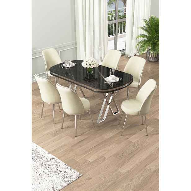 Dining Table & Chairs Set (7 Pieces) Lai - Black Marble, Chrome, Cream