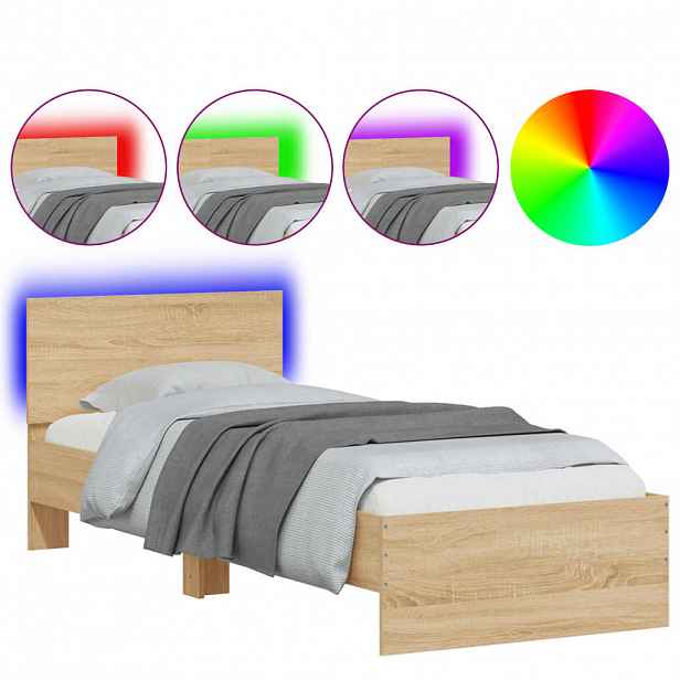 vidaXL Rám postele s čelem a LED osvětlením dub sonoma 90 x 190 cm