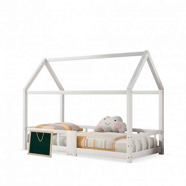 CHICFURN DOMEČKOVÁ POSTEL 90/200 cm v bílé barvě s ochranou proti pádu a tabulí