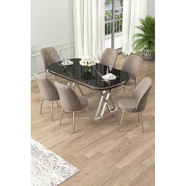 Dining Table & Chairs Set (7 Pieces) Lai - Black Marble, Chrome, Cappuccino