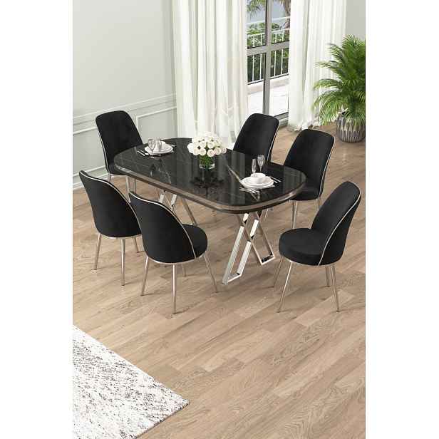 Dining Table & Chairs Set (7 Pieces) Lai - Black Marble, Chrome, Black
