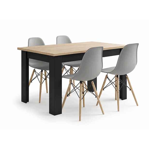 Jídelní stůl 120x80 cm, dekor dub sonoma s černými nohami 4 skandinávské židle, šedé