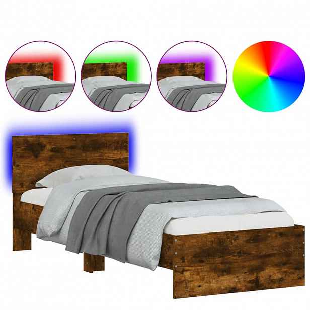 vidaXL Rám postele s čelem a LED osvětlením kouřový dub 90 x 190 cm