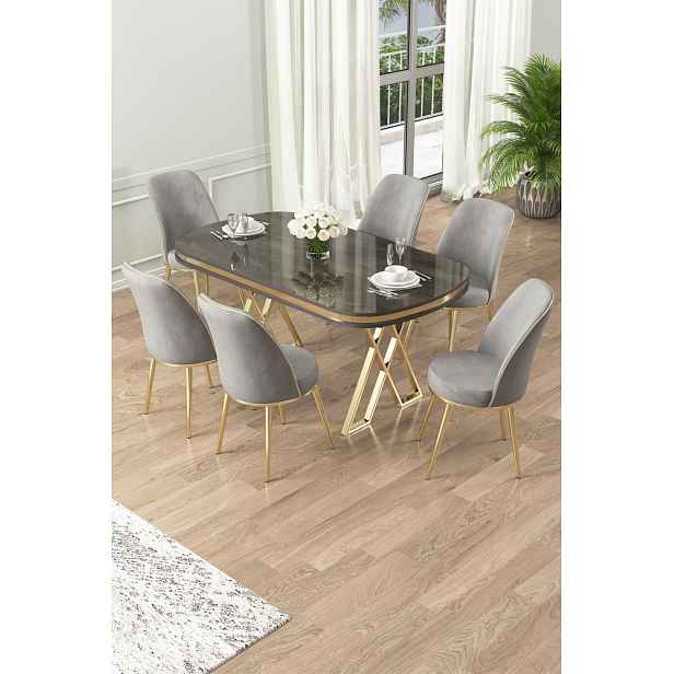 Dining Table & Chairs Set (7 Pieces) Lai - Anthracite, Gold, Grey
