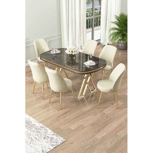 Dining Table & Chairs Set (7 Pieces) Lai - Anthracite, Gold, Cream