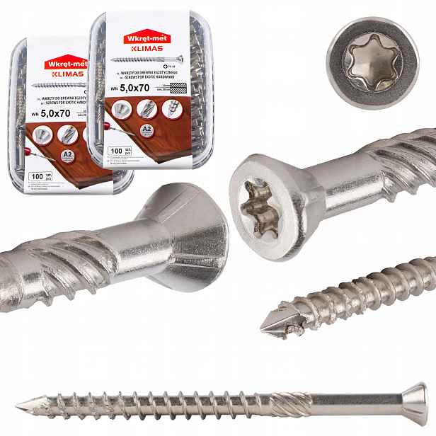 Nerezové vruty do dřeva 5x70 mm 200 ks terasové Torx A2 Klimas Wn